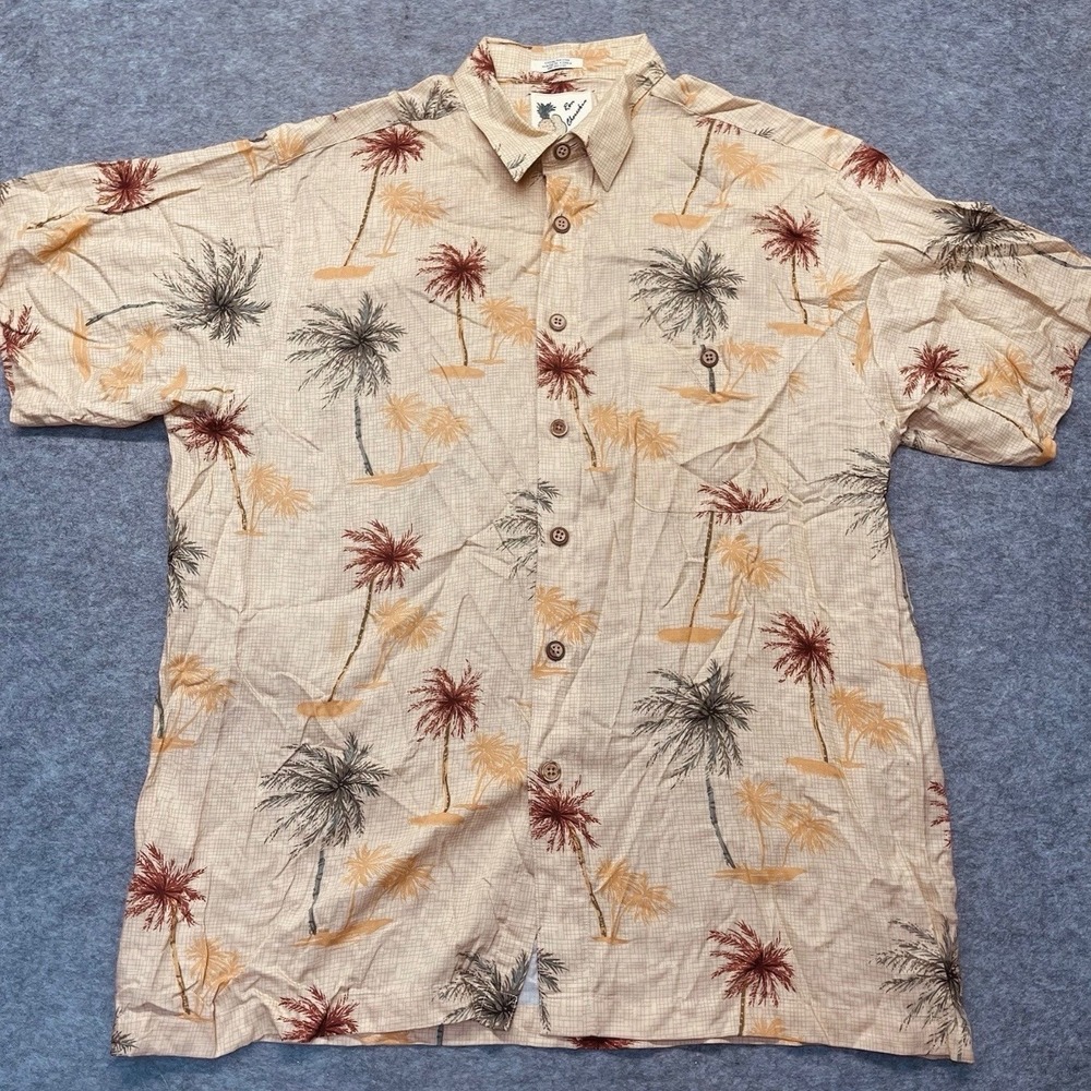 Ron Chereskin Button Down Mens XL Tropical Palm Tree Rayon Beige Tan Print